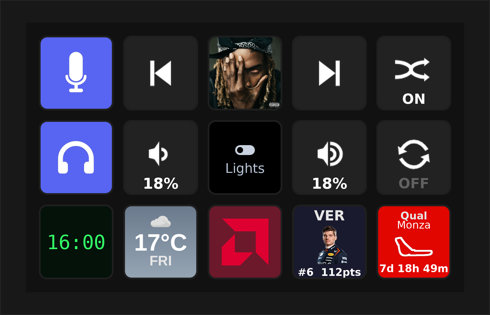 The PyDeck web UI driving a 15-key Stream Deck